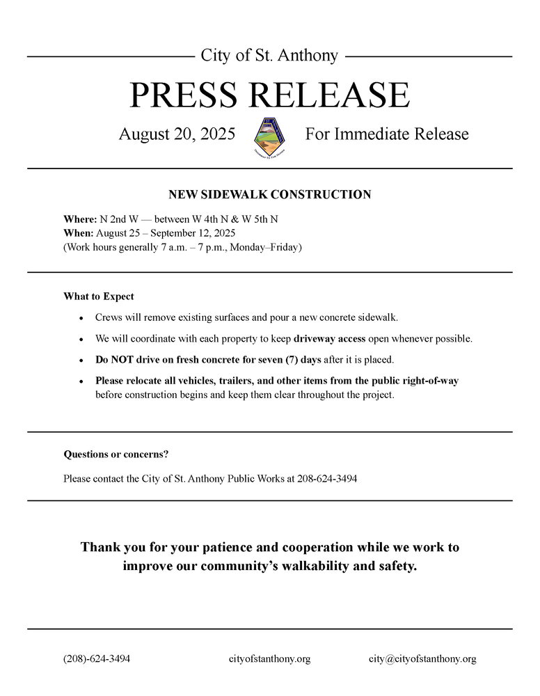 Press Release: New Sidewalk Construction