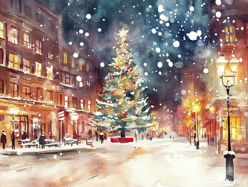 A festive outdoor scene of a large, decorated Christmas tree standing in the center of a snowy city street at night. Warm lights glow from nearby buildings and street lamps, while snow falls gently over people walking and gathering in the background. The image has a soft, watercolor-style appearance.