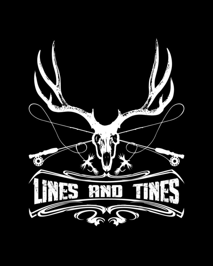Lines and Tines band logo featuring a white deer skull with antlers, crossed fly-fishing rods, two fishing flies, and the band name "Lines and Tines" on a black background.