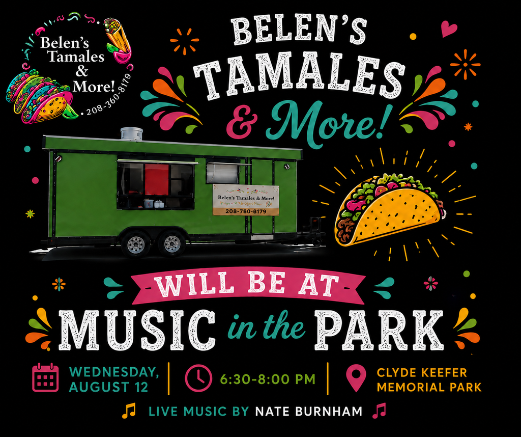 Promotional flyer for Belen's Tamales & More announcing the food truck will be at Music in the Park. The flyer features the Belen's Tamales & More logo, a green food trailer, colorful festive graphics, and a taco illustration on a black background. Event details read: Wednesday, August 12, 6:30–8:00 p.m., Clyde Keefer Memorial Park, with live music by Nate Burnham. The design uses bright teal, pink, orange, and yellow accents inspired by a festive Mexican theme.