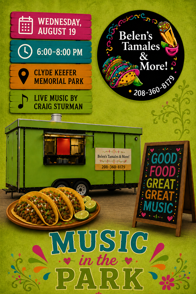 Promotional flyer for Belen's Tamales & More announcing the food truck will be at Music in the Park. The flyer features the Belen's Tamales & More logo, a green food trailer, a plate of tacos, and a chalkboard sign reading "Good Food Great Great Music" on a bright green textured background. Event details read: Wednesday, August 19, 6:00–8:00 p.m., Clyde Keefer Memorial Park, with live music by Craig Sturman. The design includes colorful wooden sign graphics listing the event information and uses festive Mexican-inspired colors and decorations.