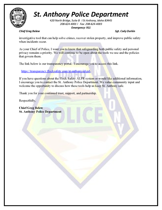 Letter from St. Anthony Police Chief Greg Belew explaining the department's use of Flock Safety automated license plate reader (ALPR) cameras, privacy protections, authorized uses, and a link to the department's transparency portal.