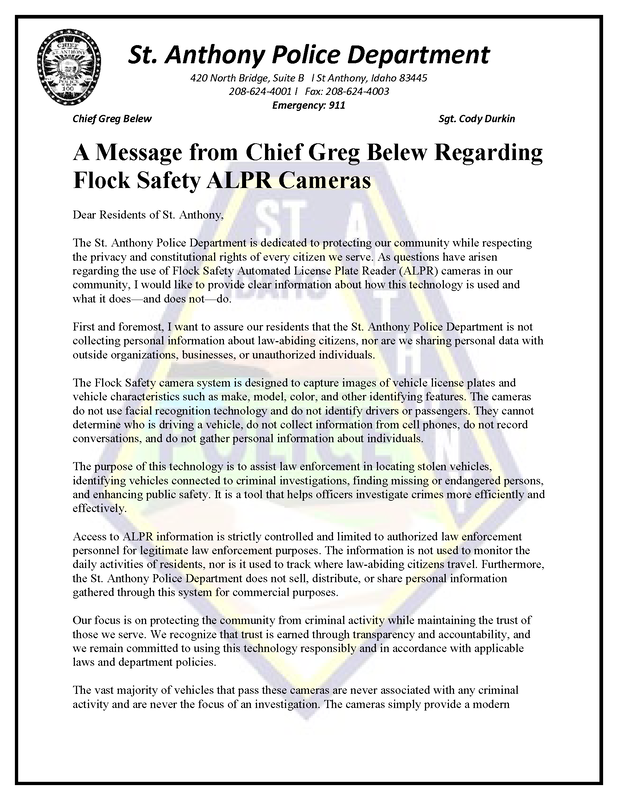 Letter from St. Anthony Police Chief Greg Belew explaining the department's use of Flock Safety automated license plate reader (ALPR) cameras, privacy protections, authorized uses, and a link to the department's transparency portal.