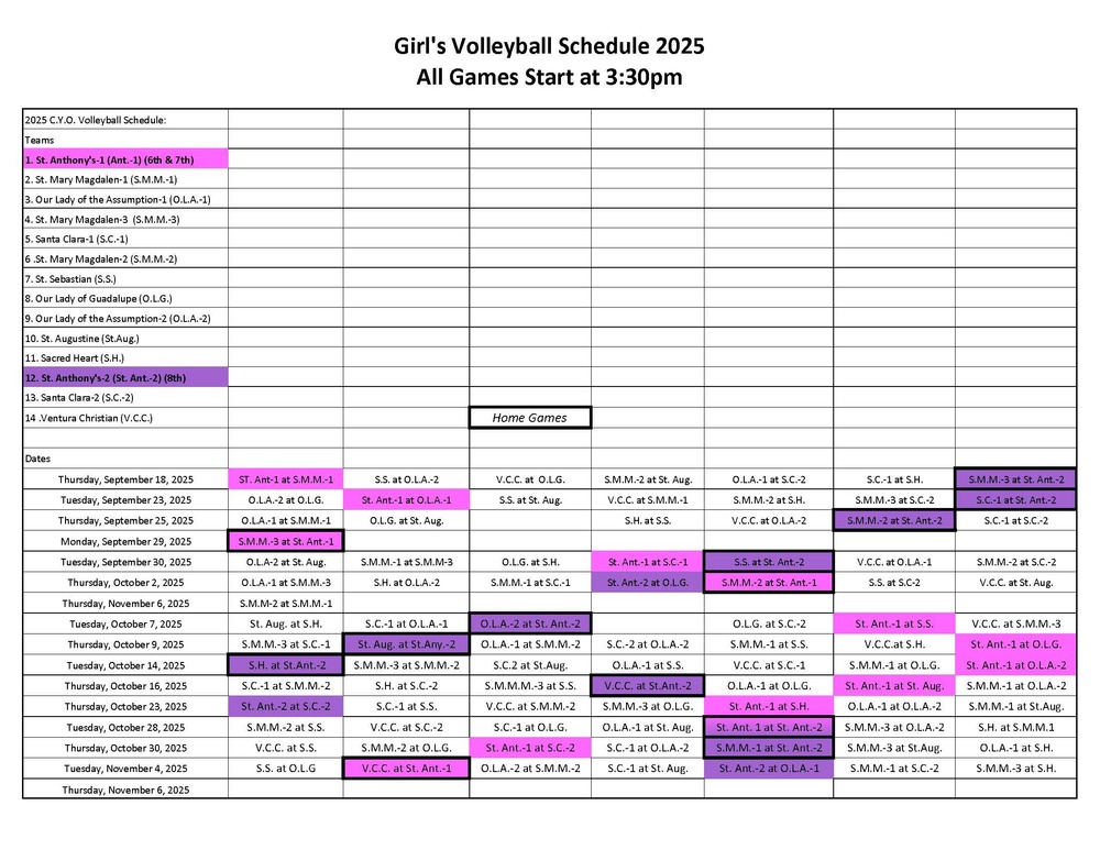 6th-8th Girl's Volleyball Schedule