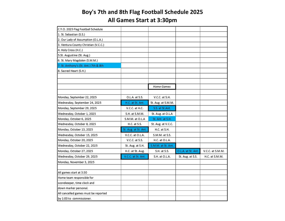 Boy's 7th & 8th Flag Football Game Schedule
