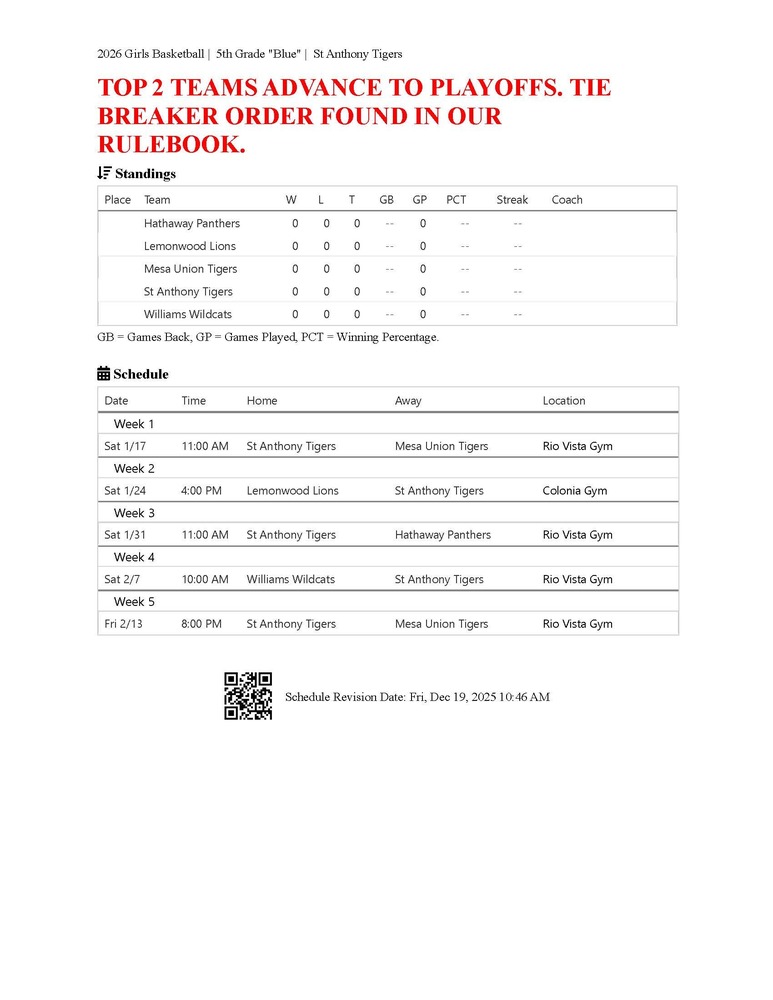 Girls Basketball Schedule