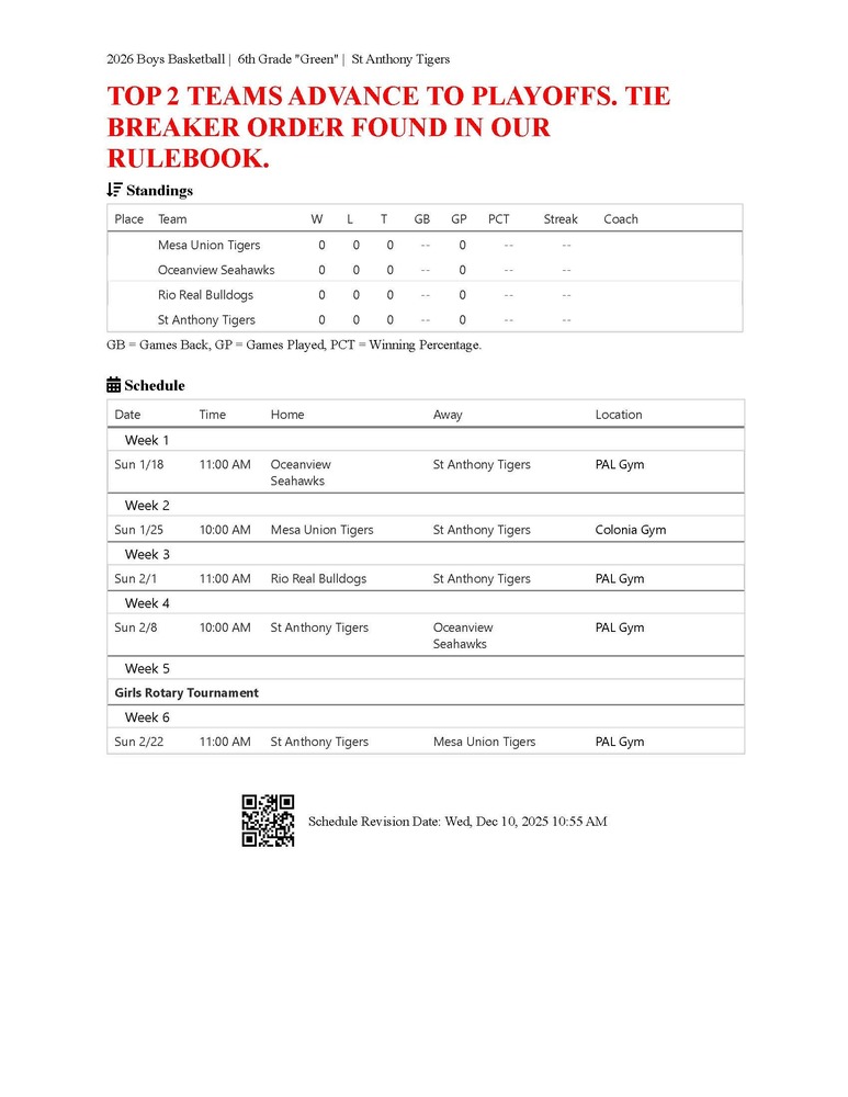 Boys 5th/6th Grade "Green" Basketball Schedule