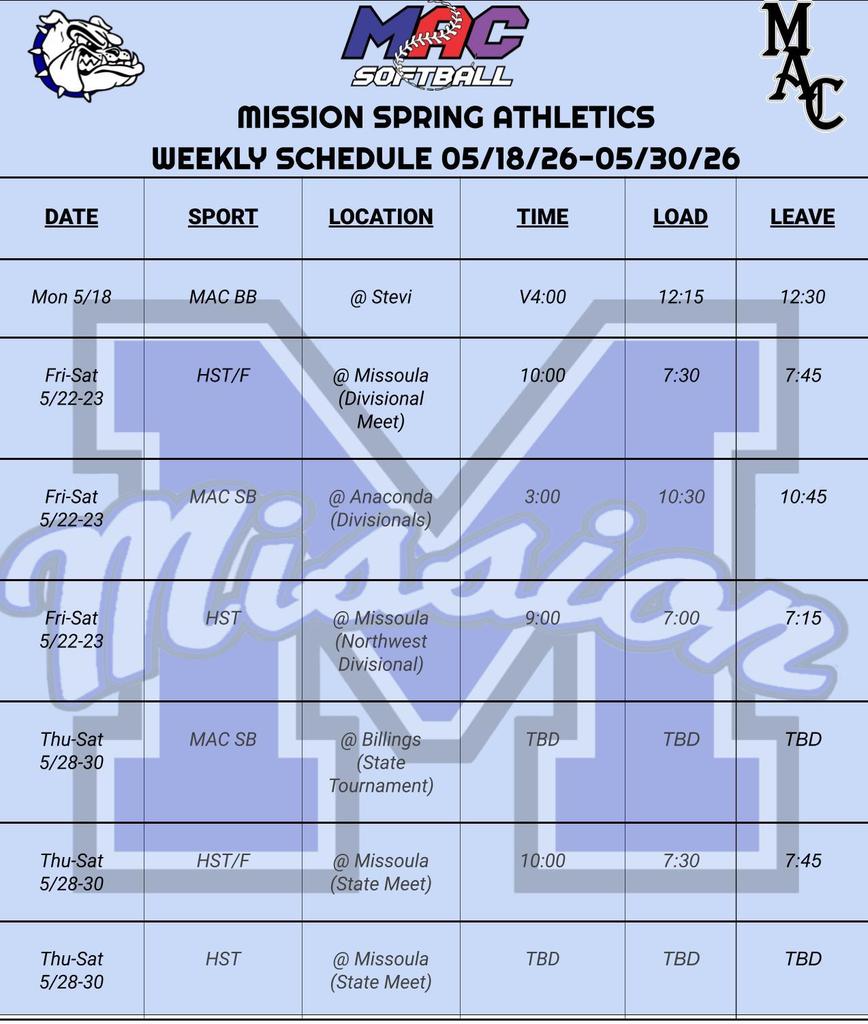 Mission Activities Calendar with dates, times, load times, and leave times