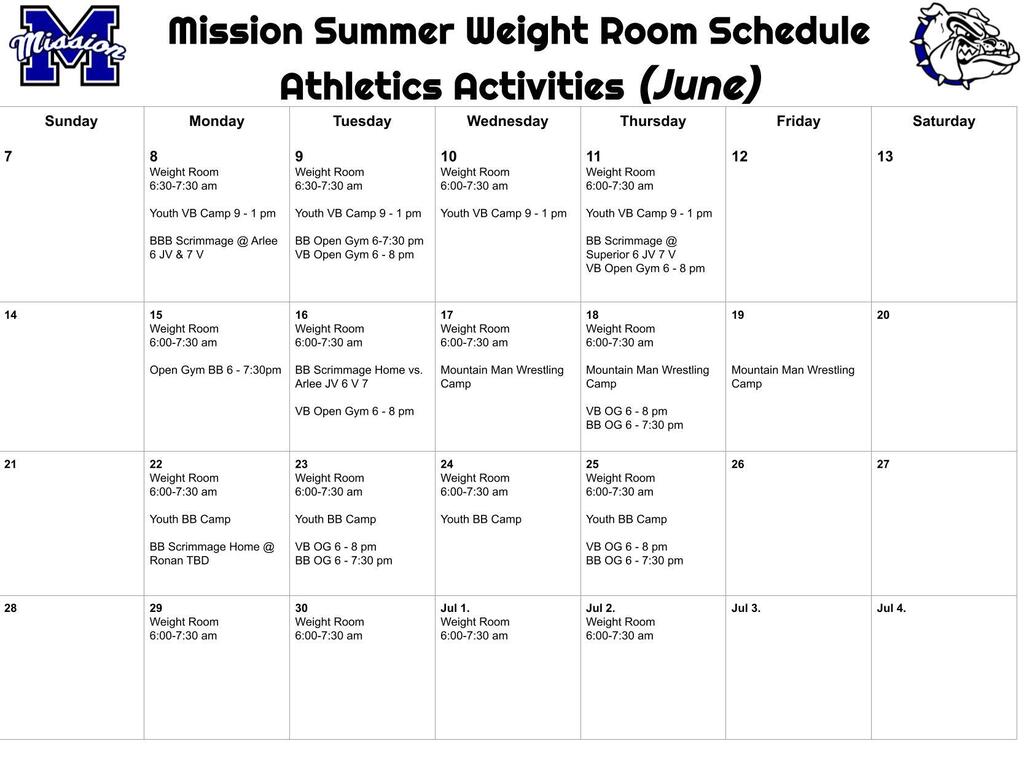 Mission Activities Calendar with dates and times