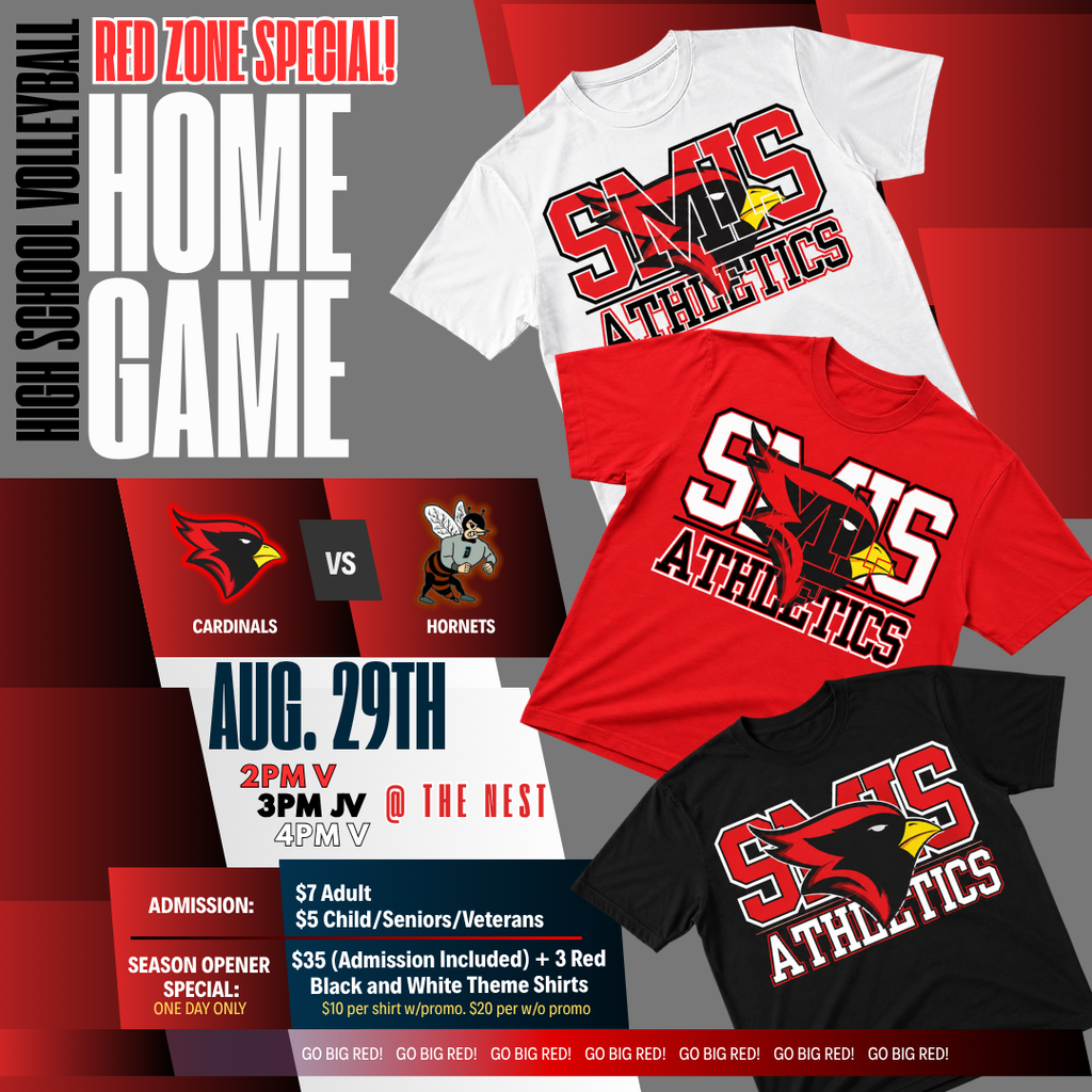Red Zone will be selling SMIS Athletics t-shirts before and after the first home game of the season, it will be aug 29th 2026 varsity at 2pm junior varsity at 3pm and varsity at 4pm at the nest gymnasium they will be playing against Ganado