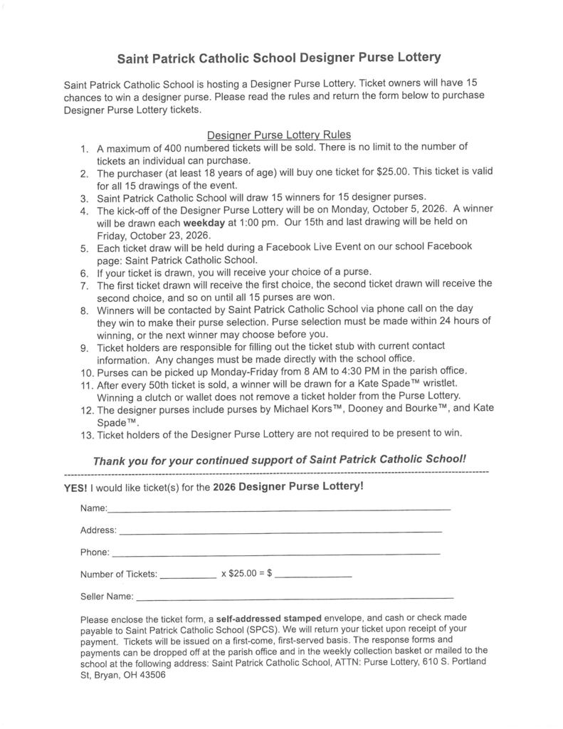 Purse Lottery Rules and Order Form