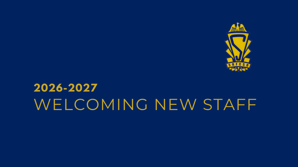 Navy background with gold district logo. Gold text reads: 2026-2027, welcoming new staff
