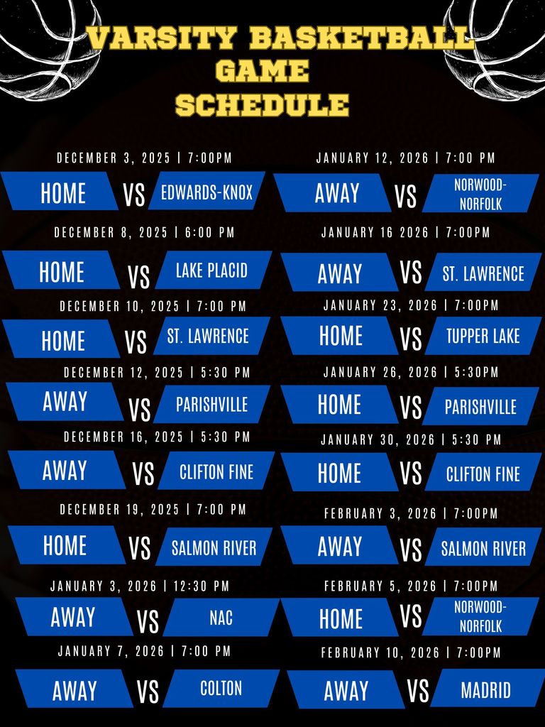 Black background with white basketballs and yellow lettering