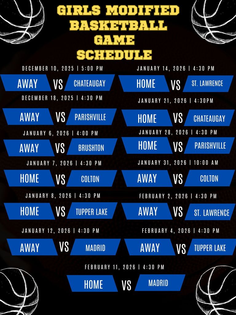 Black background with white basketballs and yellow lettering