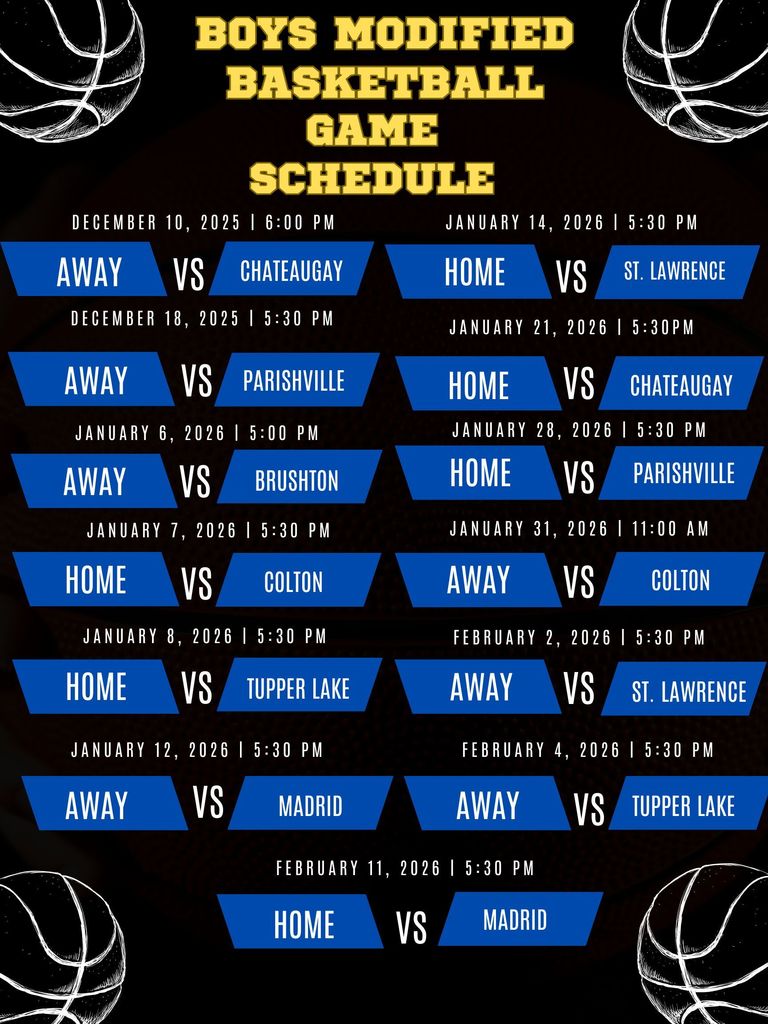 Black background with white basketballs and yellow lettering