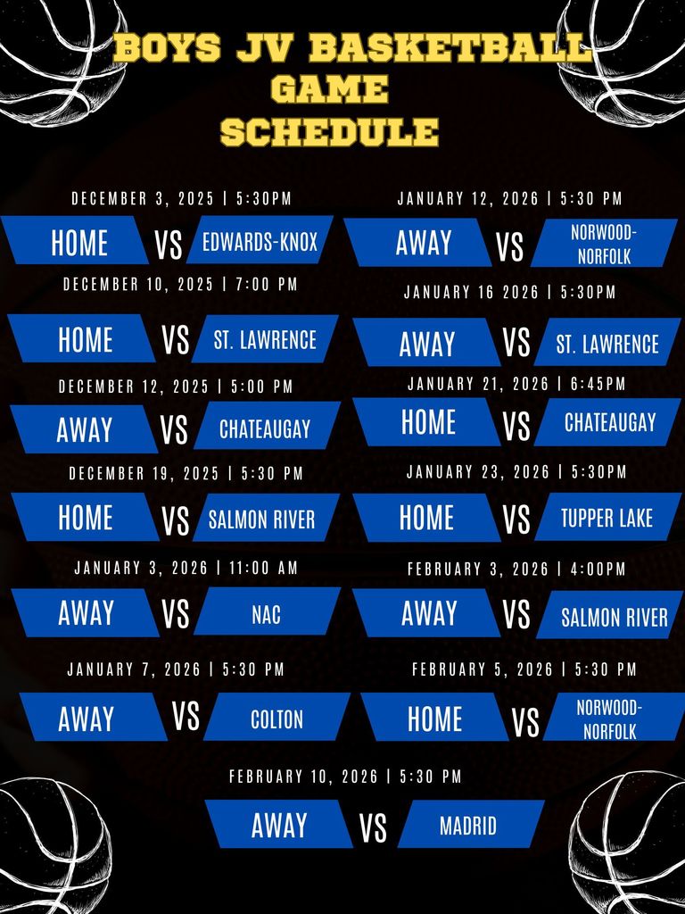 Black background with white basketballs and yellow lettering