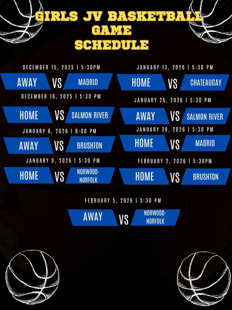 Black background with white basketballs and yellow lettering