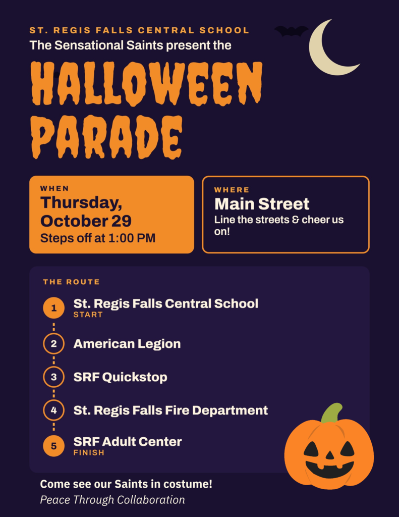 Halloween parade flyer with text: Thursday, Oct. 29, begins at 1 p.m. on Main Street.