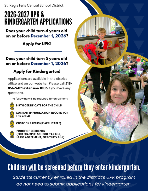 2026-27 St. Regis Falls Central School District UPK and Kindergarten applications