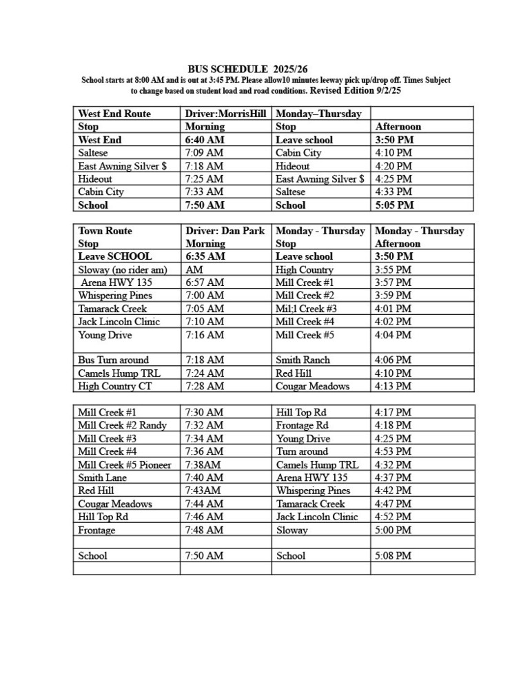new bus schedule 090225