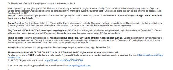 List of fall sports available at St Timothy School 2025