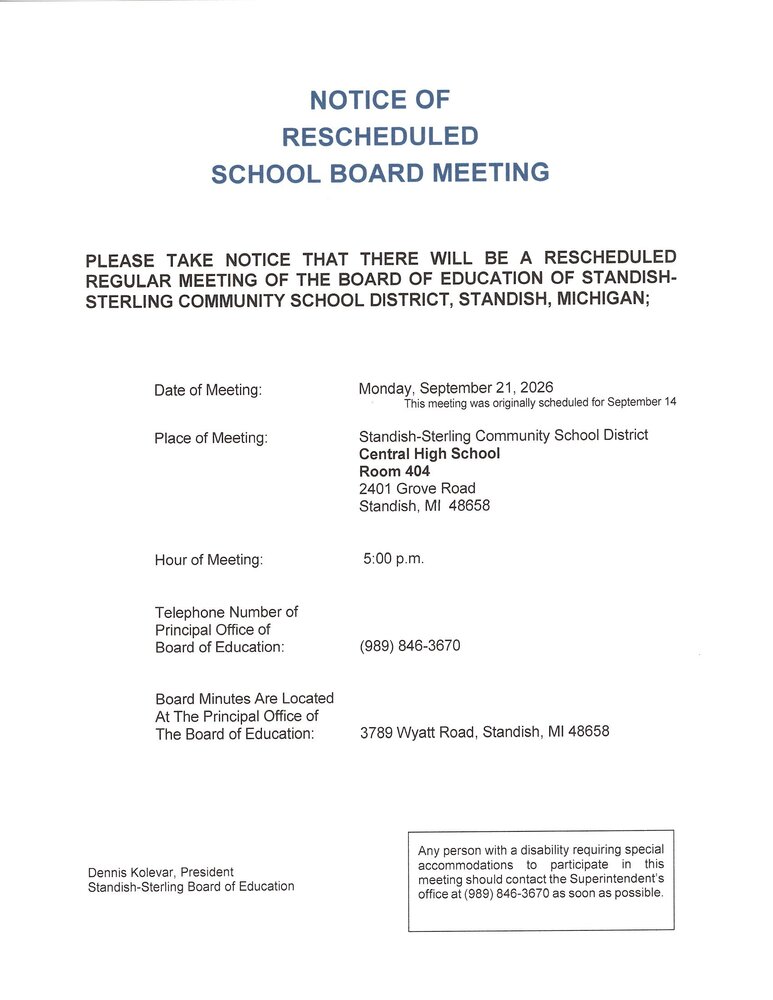 Notice of Rescheduled School Board Meeting