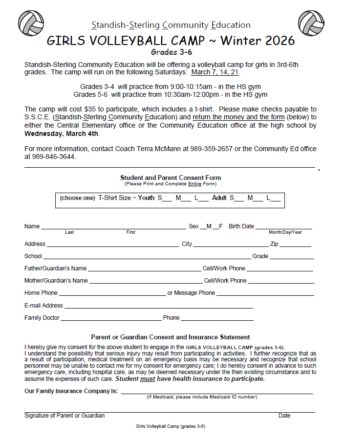 2026 Girls Volleyball Camp Registration Form