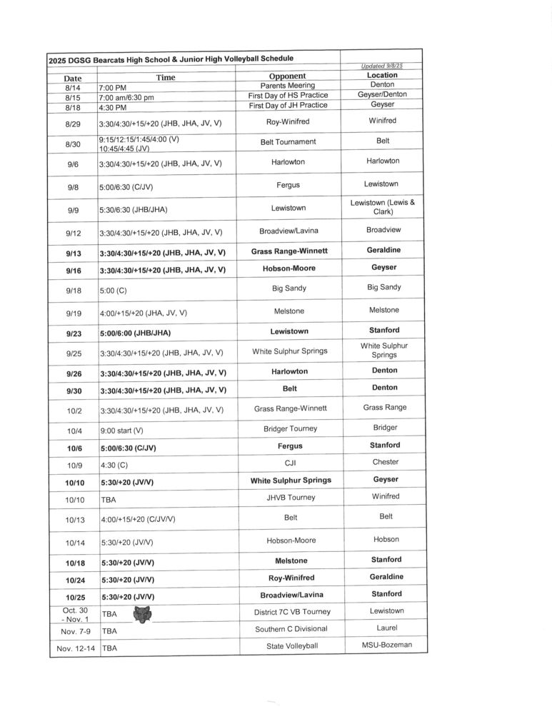 Update Bearcat VB Schedule