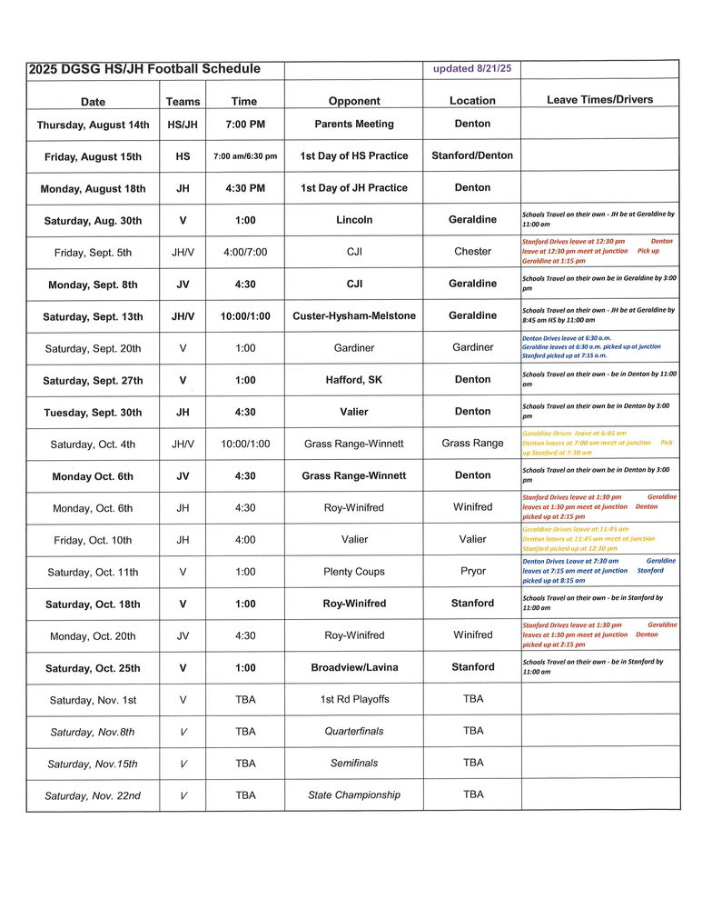 2025 Football Schedule Aug.27
