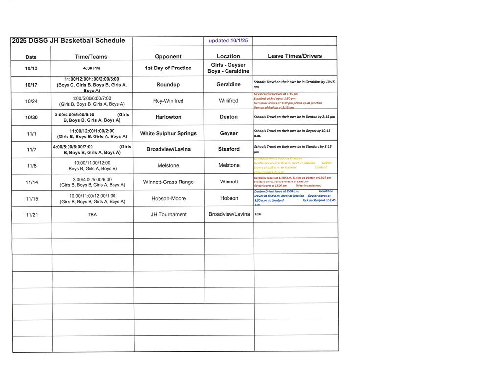DGSG JHBB schedule