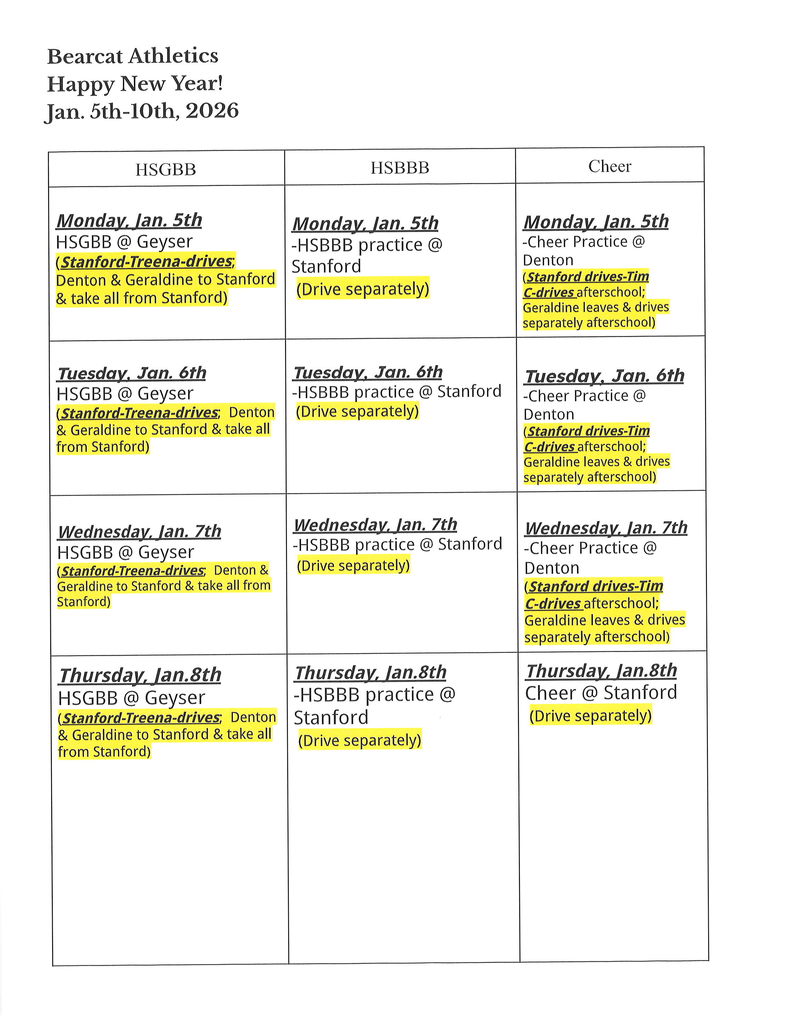 Weekly Bearcat Schedule Jan. 5th-10th