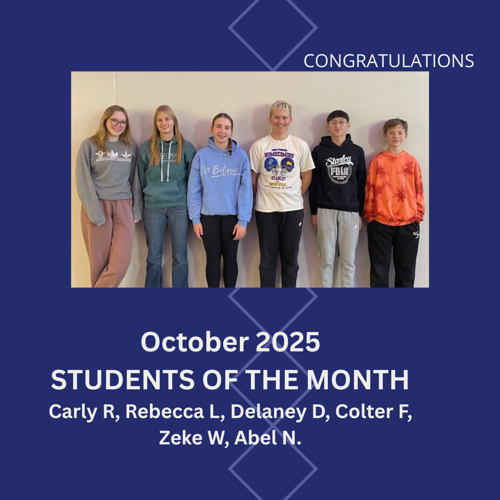 Our students of the month stand in a line in front of a cream backdrop. The post itself has a blue boarder and lists each students' name. 