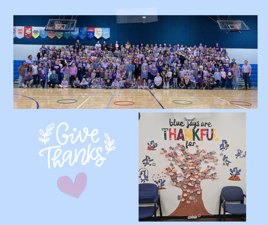 students wearing purple and our thankful tree
