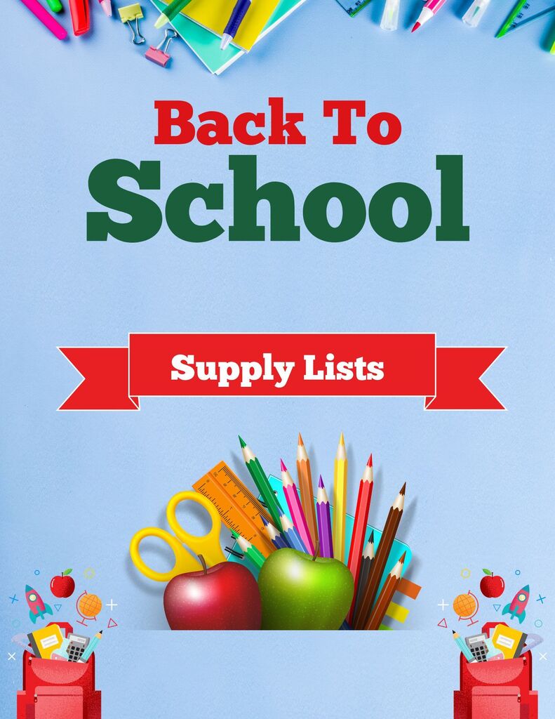 A colorful image announcing that back to school supply lists are posted