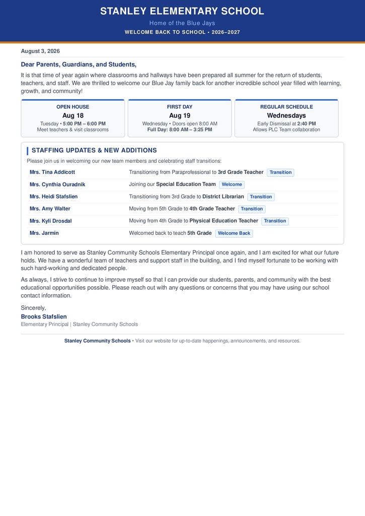 Back to School Letter- Brooks Stafslien