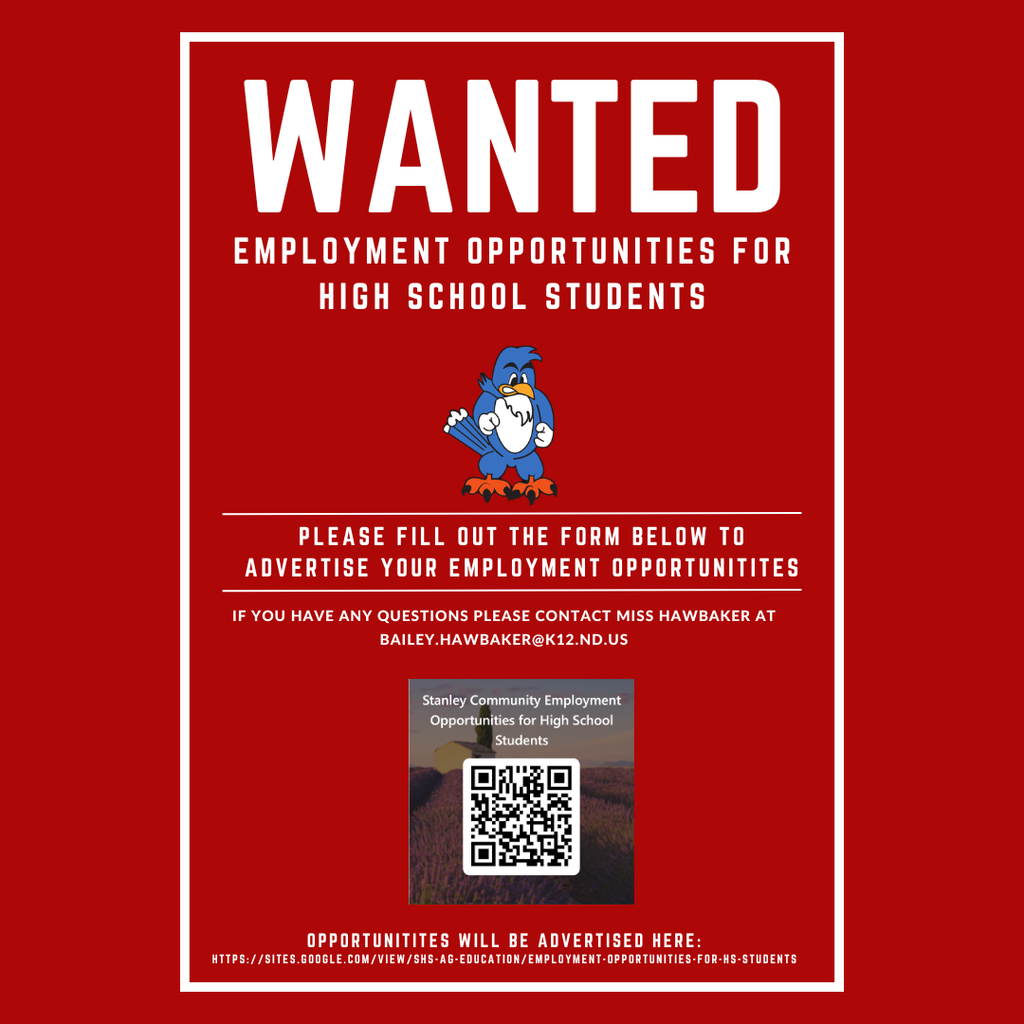 A flyer with a red background and a QR code so potential employers can contact the teacher. There's a cross-eyed blue jay mascot on the middle of the page above the QR code.