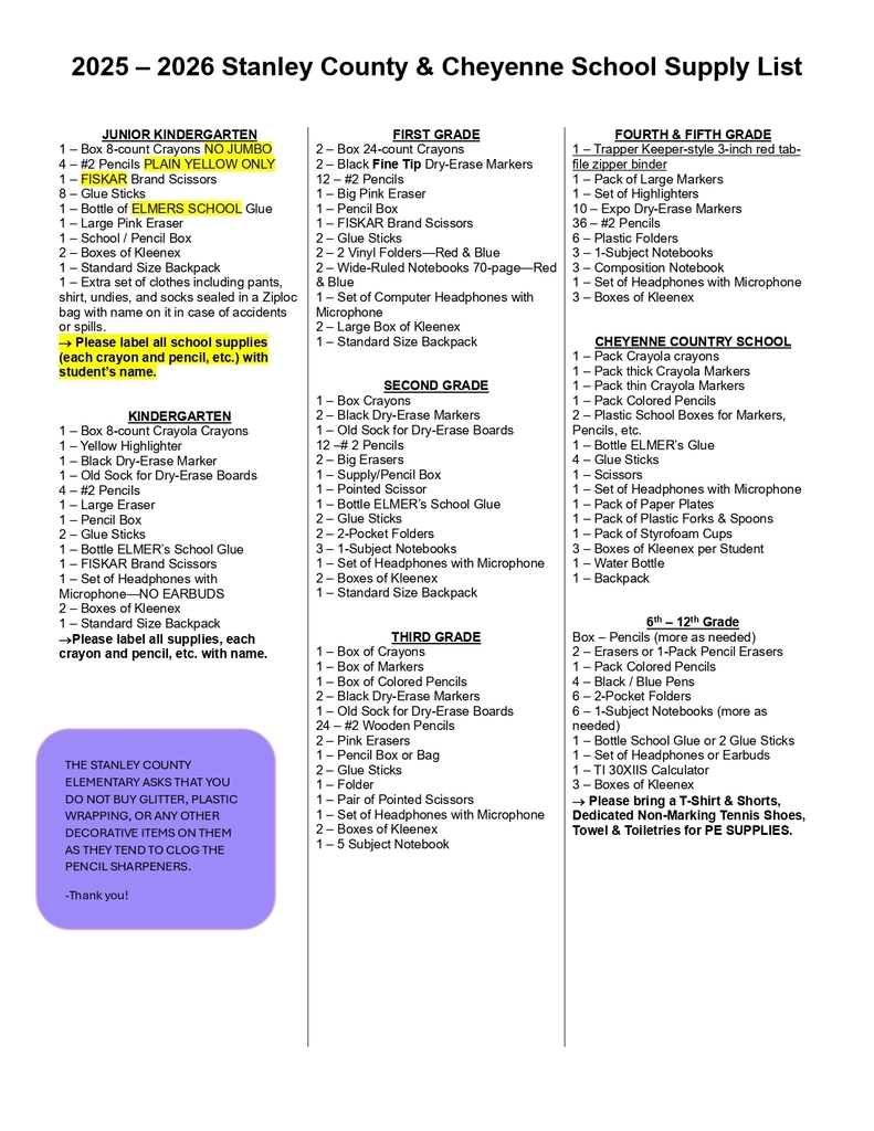 25-26 elementary supply list