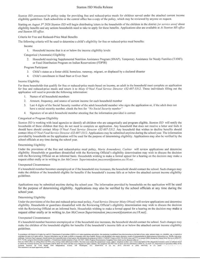 Stanton MS & HS Media Release