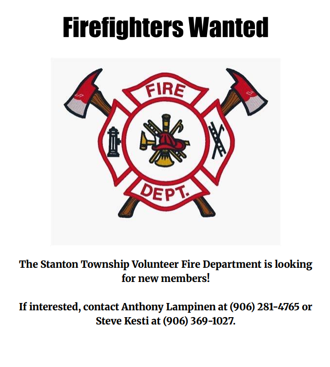 Graphic with fire department and axes on it asking for new members.  Contact Anthony Lampinen or Steve Kesti.