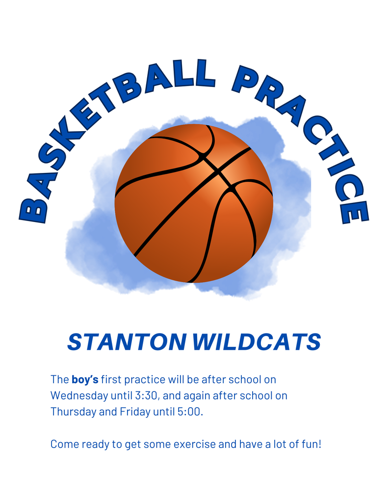 Graphic announcing that the boys' basketball team will be starting practice tomorrow and continuing after school for the rest of the week until 5:00