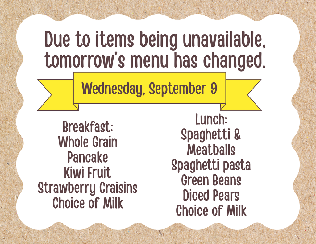 Due to items being unavailable: Tomorrow's Menu has Changed