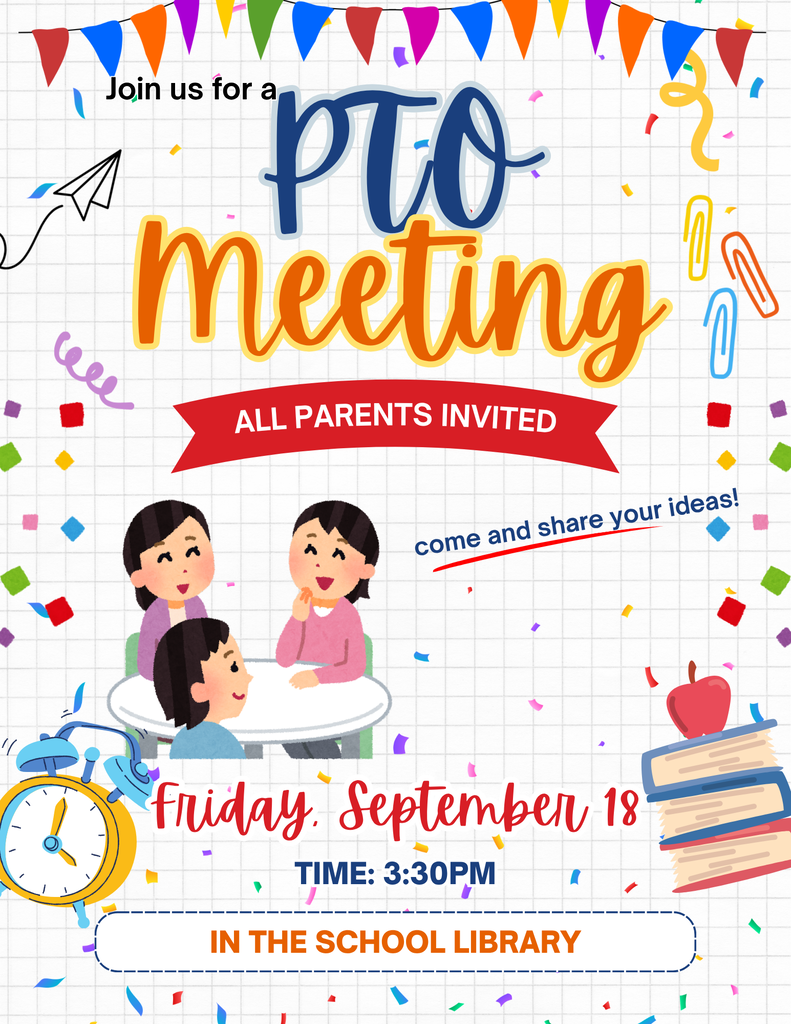 Come and join us for the PTO meeting Friday, September 18 at 3:30pm in the school library here at Stanton! All are welcome!