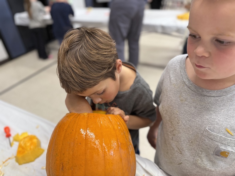Students digging in pumpkins.