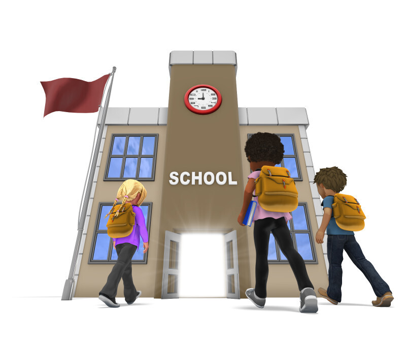 Clipart of students walking into the front of a school