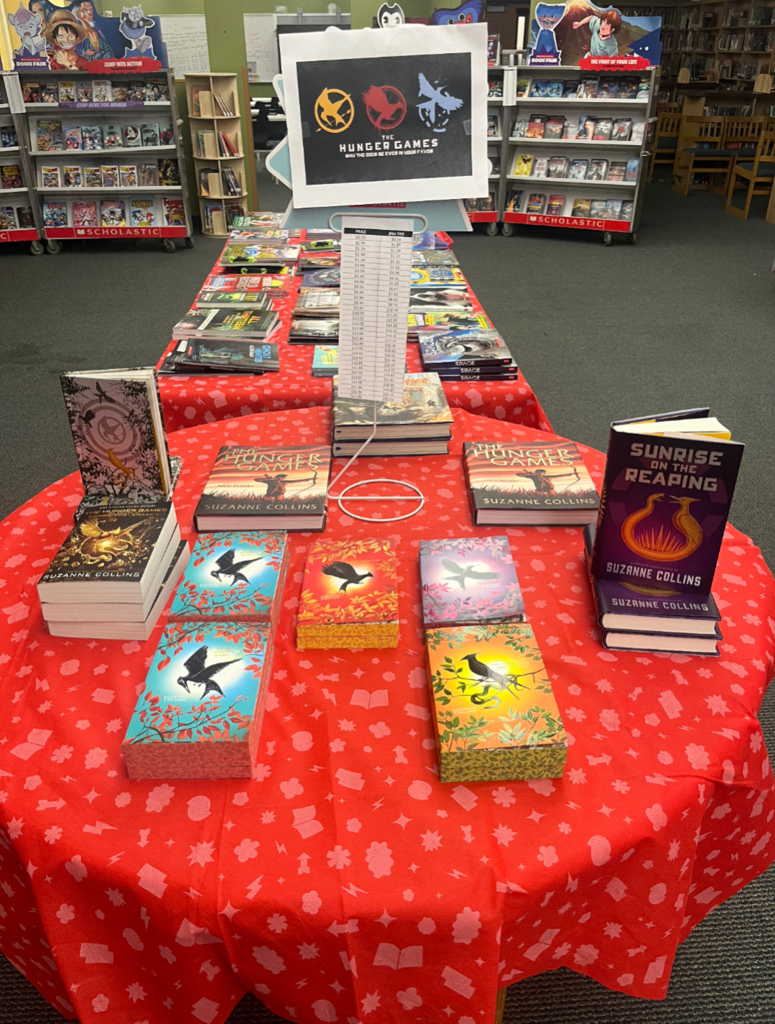 A Hunger Games display from the Middle School Scholastic Book Fair