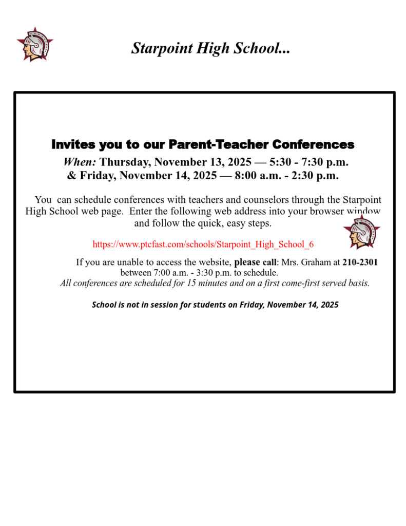 Starpoint High School invites you to our Parent-Teacher Conferences