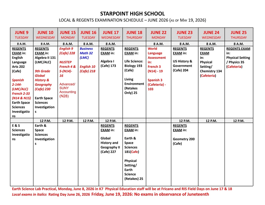 June 2026 Local and Regents Exam Schedule
