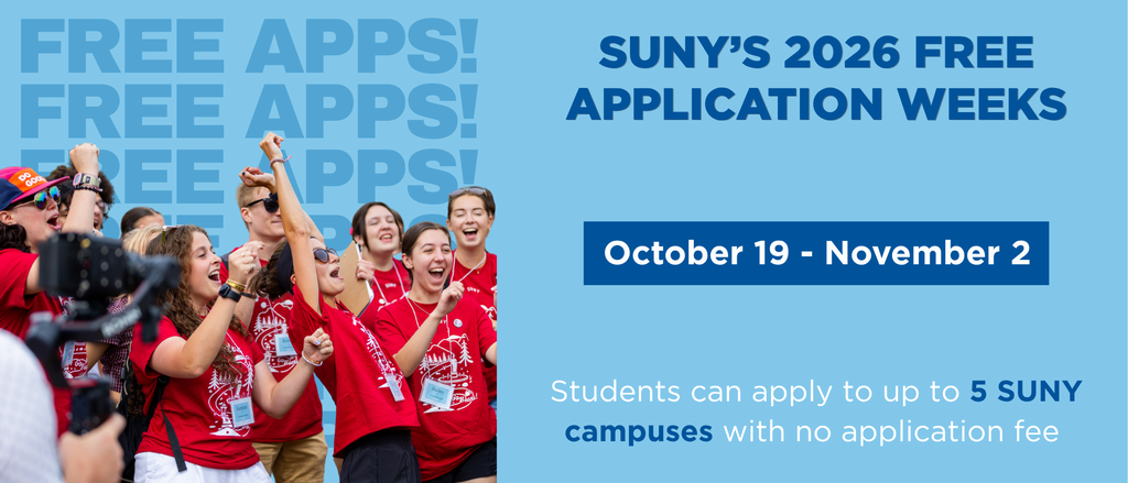 College students in red t-shirts cheering in front of a blue background announcing SUNY's 2026 Free Application Weeks