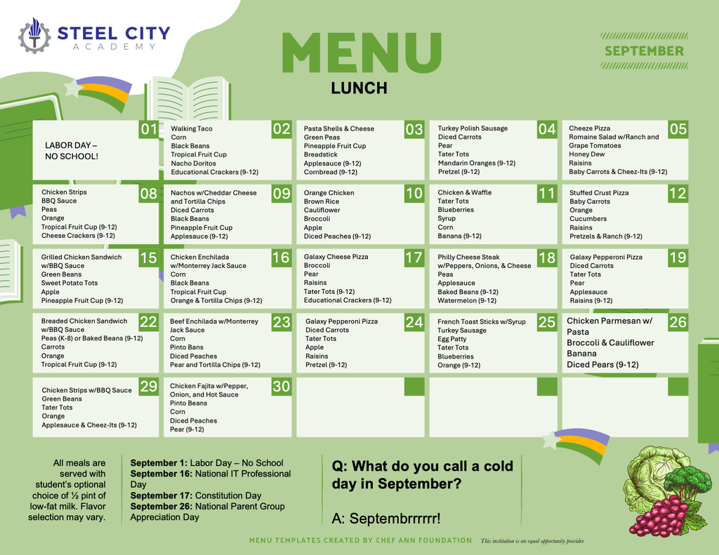September 2025 Lunch menu
