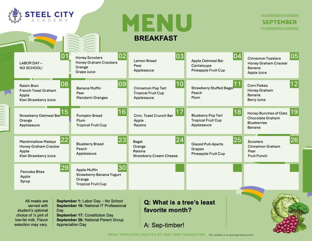 September 2025 Breakfast menu
